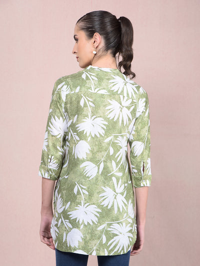 Green Floral Print V-Neck Linen Top-Women Tops-Crimsoune Club