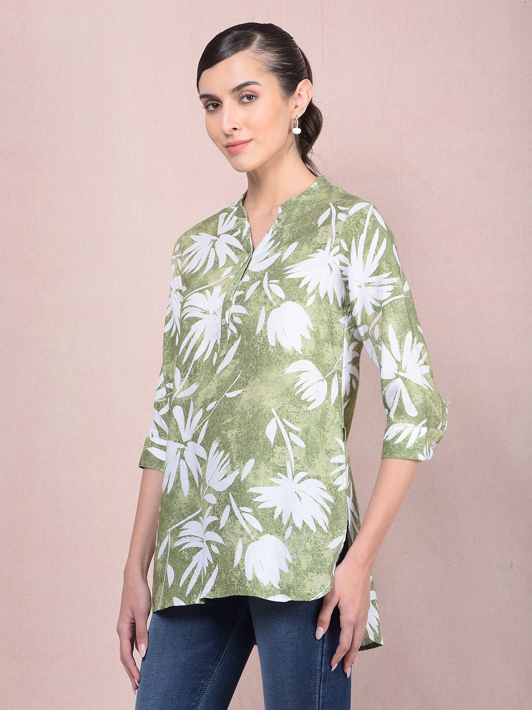 Green Floral Print V-Neck Linen Top-Women Tops-Crimsoune Club