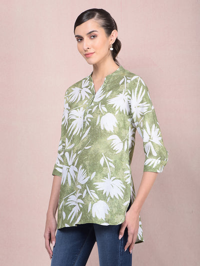 Green Floral Print V-Neck Linen Top-Women Tops-Crimsoune Club
