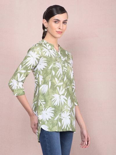 Green Floral Print V-Neck Linen Top-Women Tops-Crimsoune Club