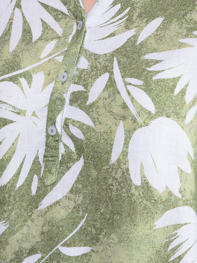Green Floral Print V-Neck Linen Top-Women Tops-Crimsoune Club