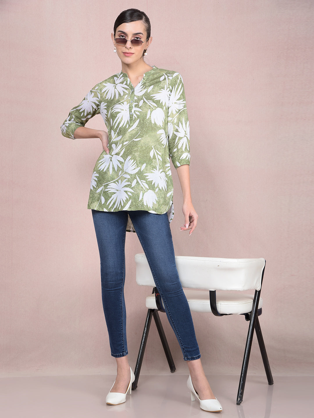 Green Floral Print V-Neck Linen Top-Women Tops-Crimsoune Club