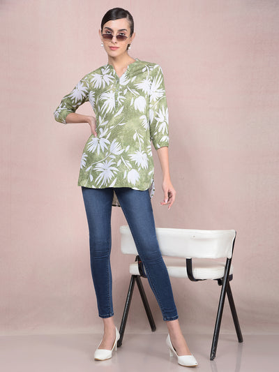 Green Floral Print V-Neck Linen Top-Women Tops-Crimsoune Club