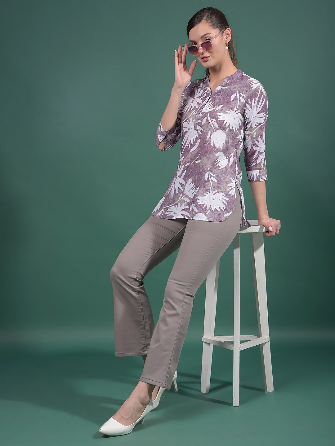 Purple Floral Print Linen V-Neck Top-Women Tops-Crimsoune Club