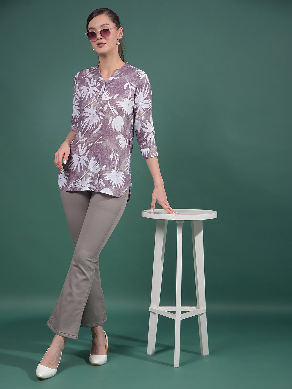 Purple Floral Print Linen V-Neck Top-Women Tops-Crimsoune Club