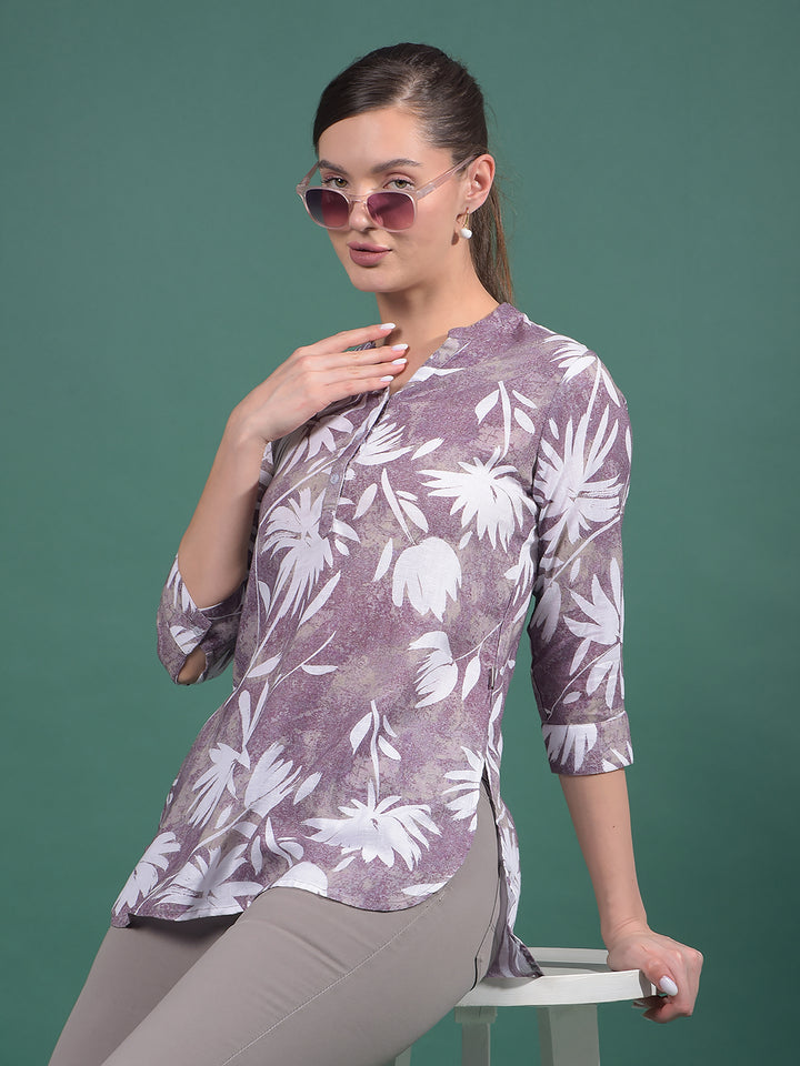 Purple Floral Print Linen V-Neck Top-Women Tops-Crimsoune Club