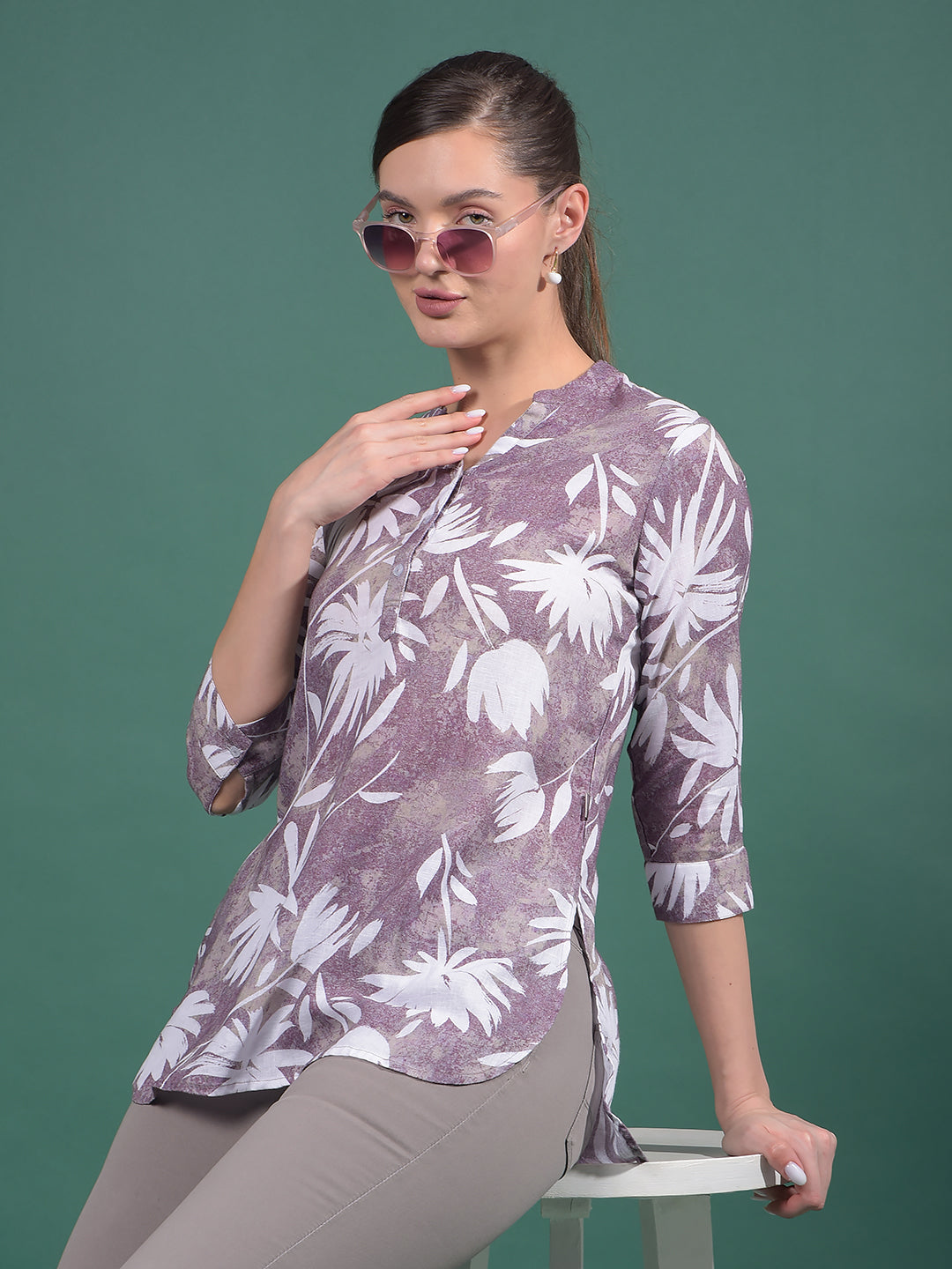 Purple Floral Print Linen V-Neck Top-Women Tops-Crimsoune Club