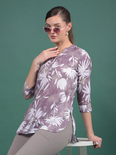 Purple Floral Print Linen V-Neck Top-Women Tops-Crimsoune Club