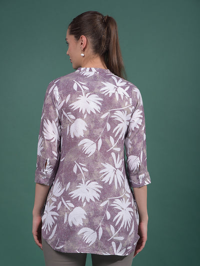 Purple Floral Print Linen V-Neck Top-Women Tops-Crimsoune Club