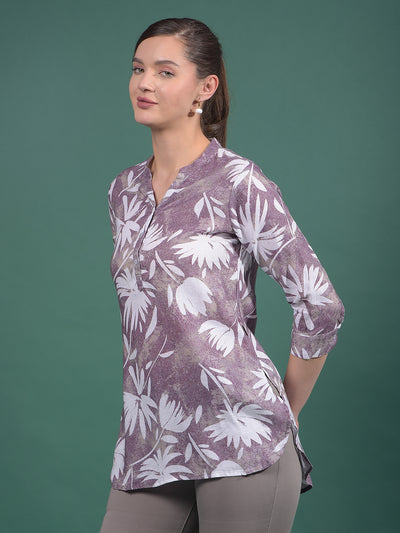 Purple Floral Print Linen V-Neck Top-Women Tops-Crimsoune Club