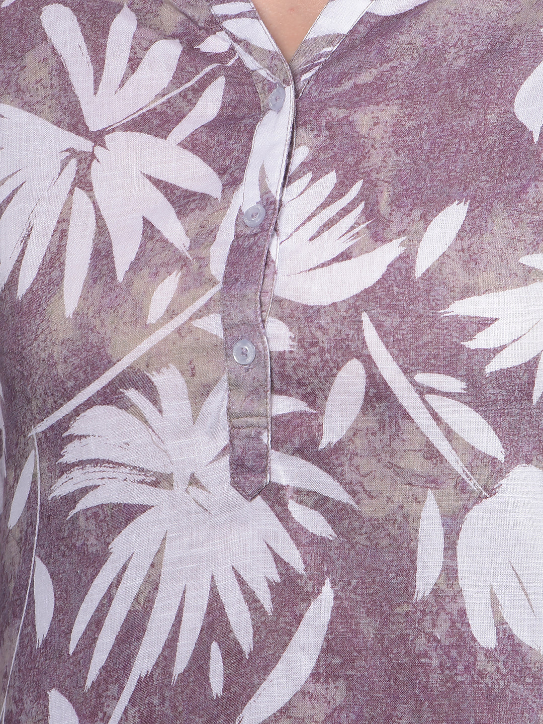 Purple Floral Print Linen V-Neck Top-Women Tops-Crimsoune Club