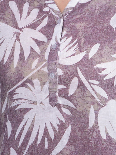 Purple Floral Print Linen V-Neck Top-Women Tops-Crimsoune Club