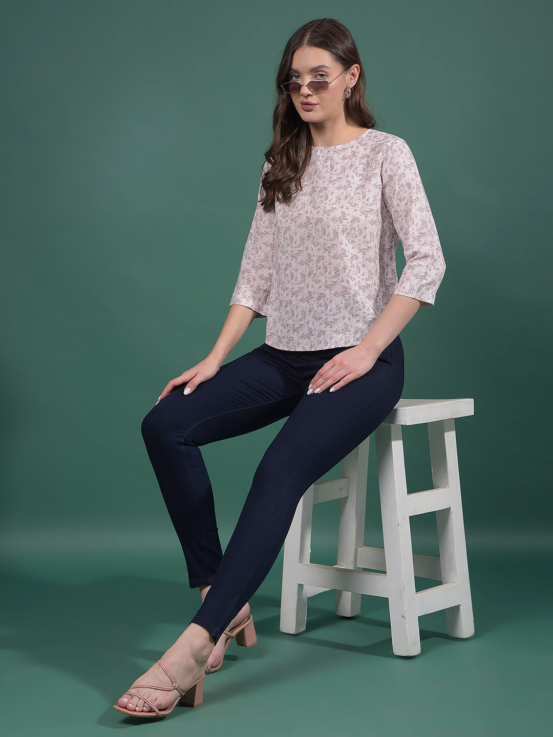 Pink Floral Print Linen Top-Women Tops-Crimsoune Club