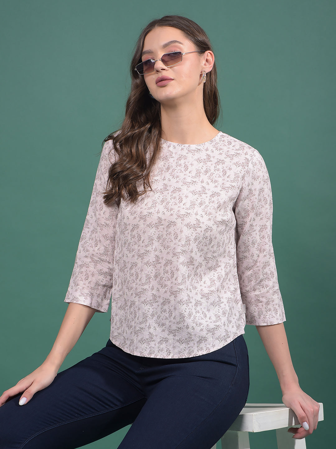 Pink Floral Print Linen Top-Women Tops-Crimsoune Club