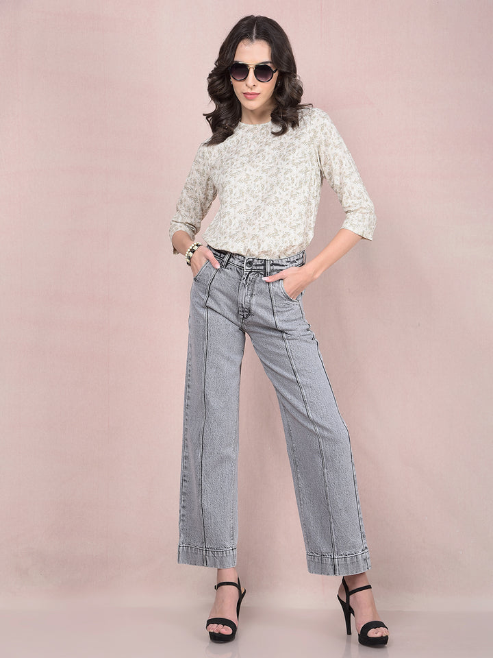 Beige Floral Print Linen Top-Women Tops-Crimsoune Club