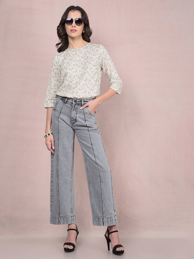 Beige Floral Print Linen Top-Women Tops-Crimsoune Club