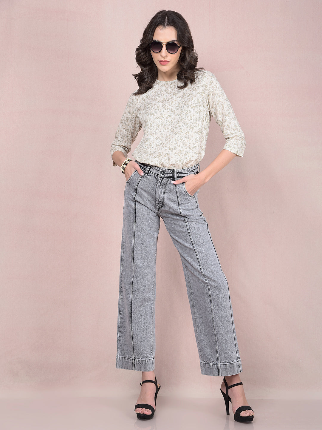 Beige Floral Print Linen Top-Women Tops-Crimsoune Club