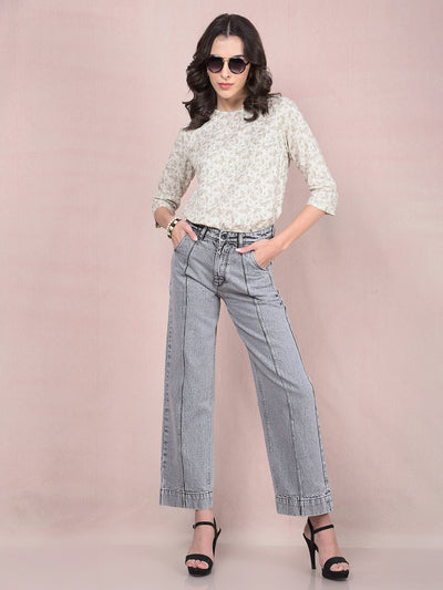 Beige Floral Print Linen Top-Women Tops-Crimsoune Club