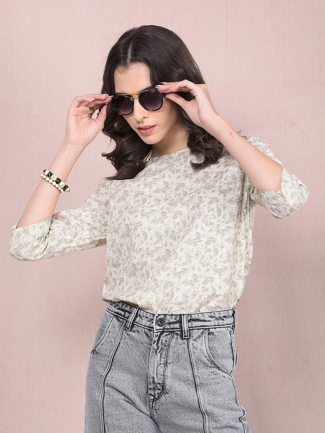 Beige Floral Print Linen Top-Women Tops-Crimsoune Club
