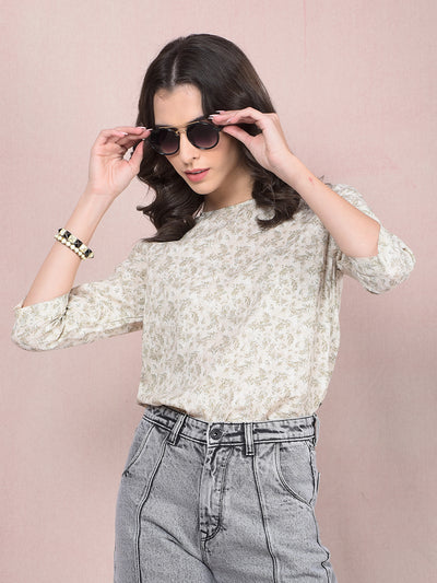 Beige Floral Print Linen Top-Women Tops-Crimsoune Club