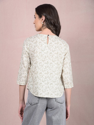 Beige Floral Print Linen Top-Women Tops-Crimsoune Club