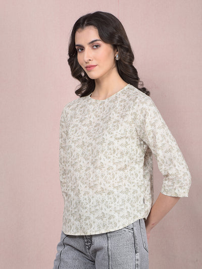 Beige Floral Print Linen Top-Women Tops-Crimsoune Club