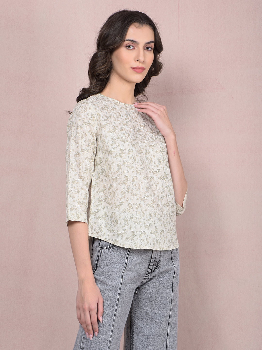 Beige Floral Print Linen Top-Women Tops-Crimsoune Club