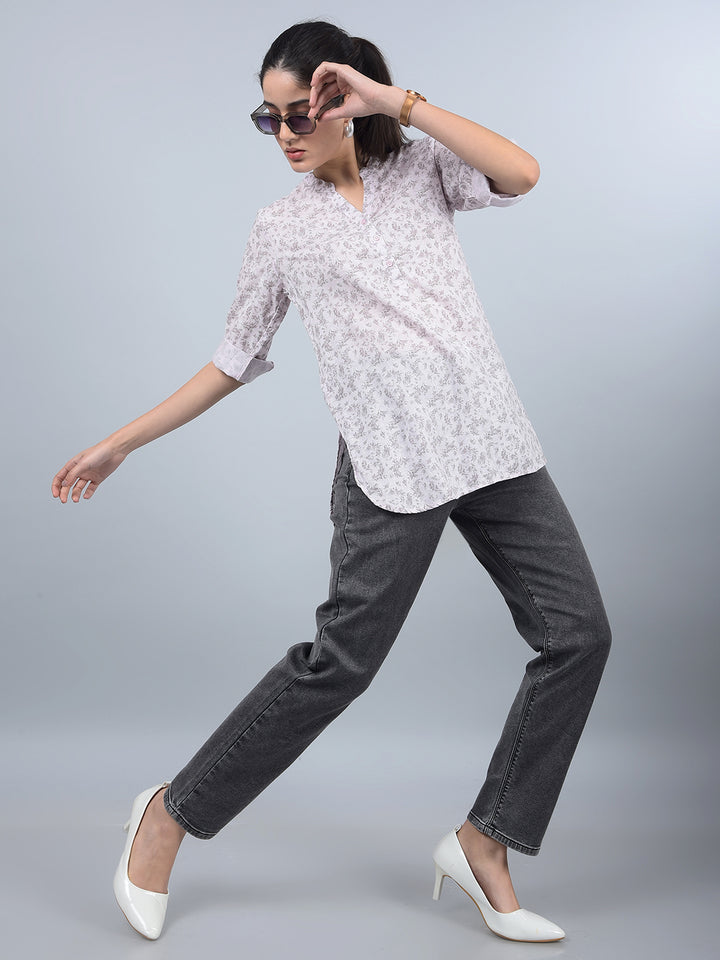 Pink Floral Print V-Neck Linen Top-Women Tops-Crimsoune Club