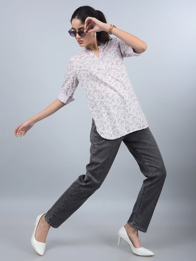 Pink Floral Print V-Neck Linen Top-Women Tops-Crimsoune Club