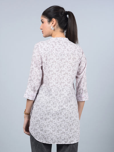 Pink Floral Print V-Neck Linen Top-Women Tops-Crimsoune Club