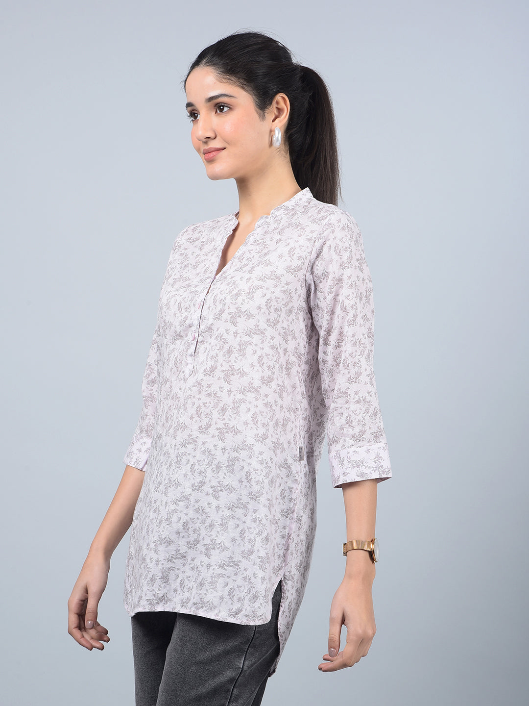 Pink Floral Print V-Neck Linen Top-Women Tops-Crimsoune Club