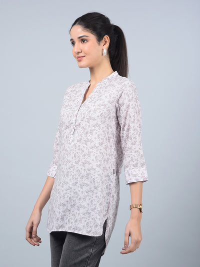Pink Floral Print V-Neck Linen Top-Women Tops-Crimsoune Club