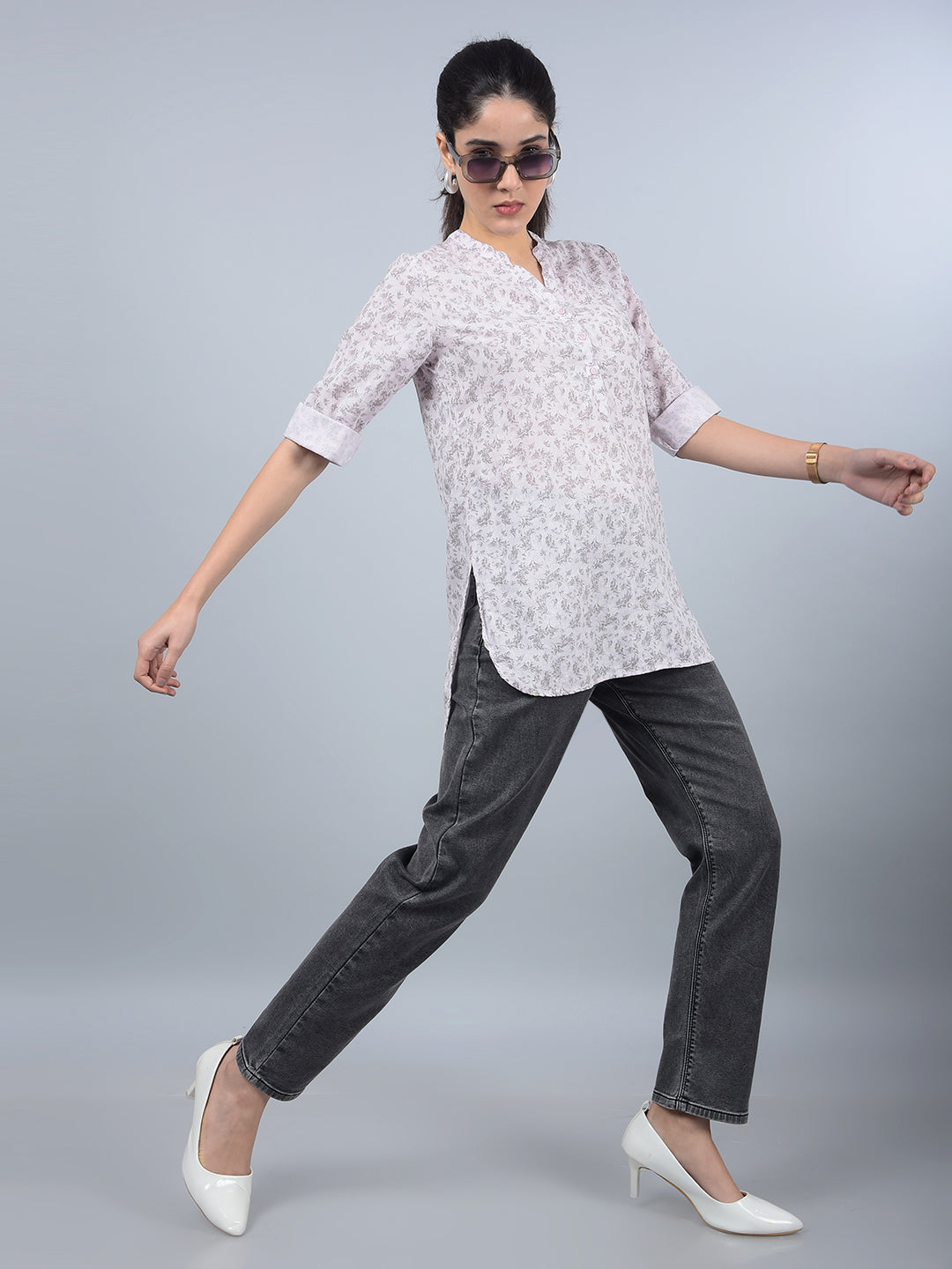 Pink Floral Print V-Neck Linen Top-Women Tops-Crimsoune Club