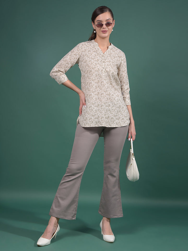 Green Floral Print Linen V-Neck Top-Women Tops-Crimsoune Club