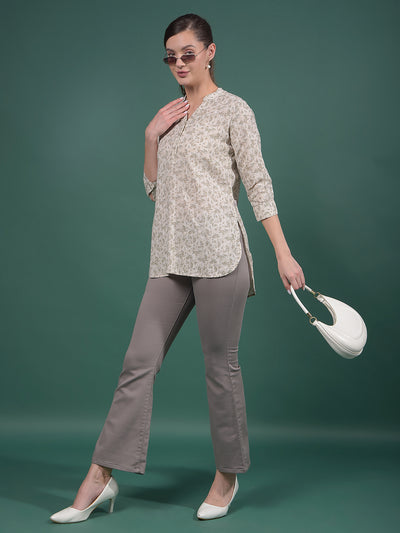 Green Floral Print Linen V-Neck Top-Women Tops-Crimsoune Club