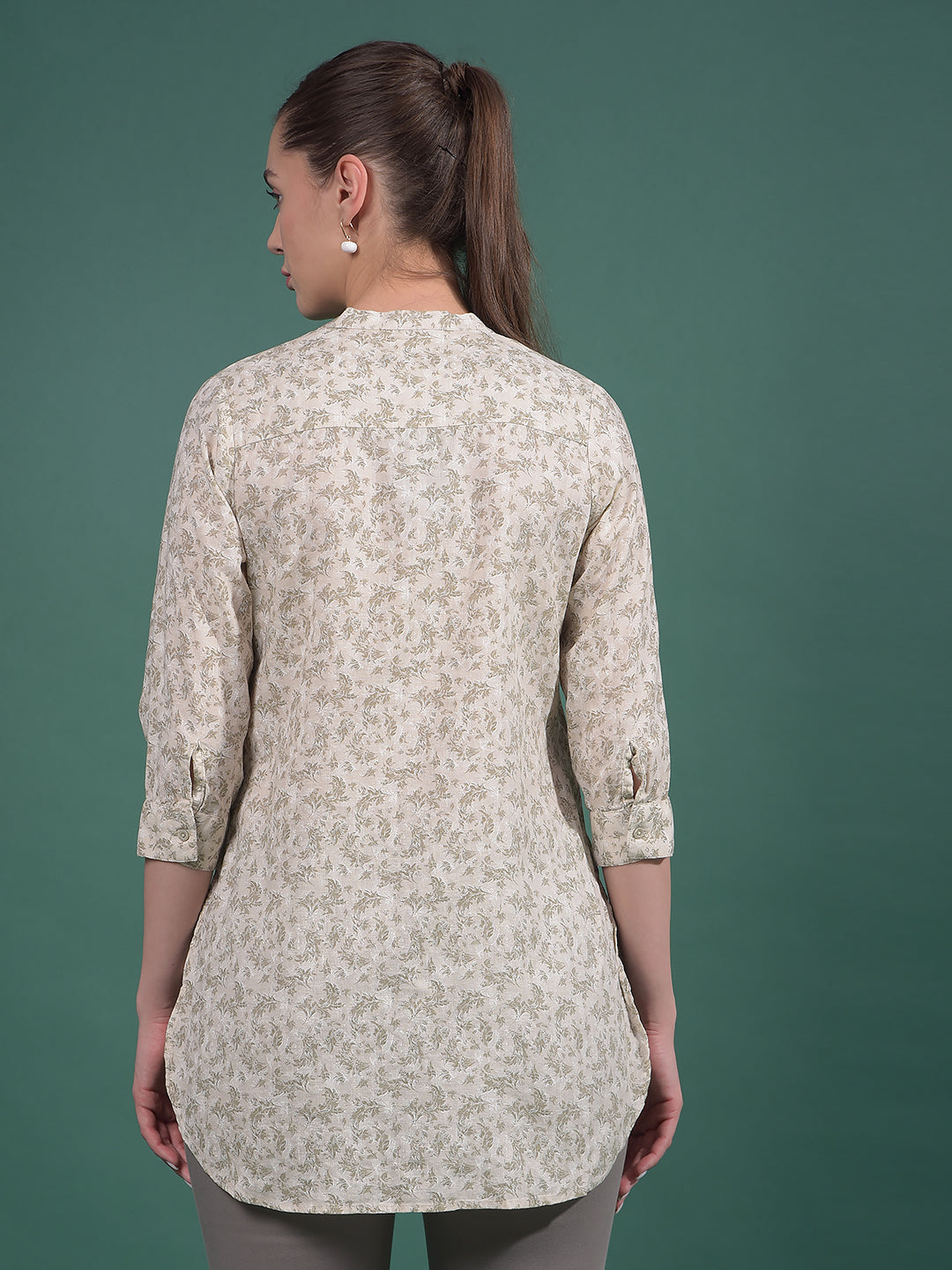 Green Floral Print Linen V-Neck Top-Women Tops-Crimsoune Club