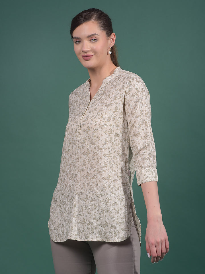 Green Floral Print Linen V-Neck Top-Women Tops-Crimsoune Club