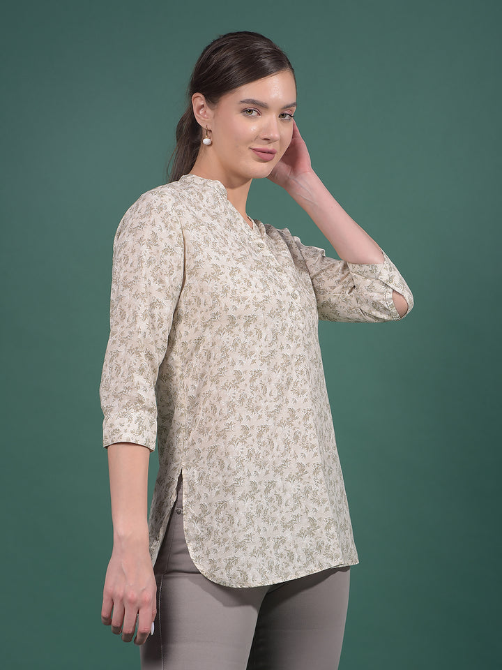 Green Floral Print Linen V-Neck Top-Women Tops-Crimsoune Club