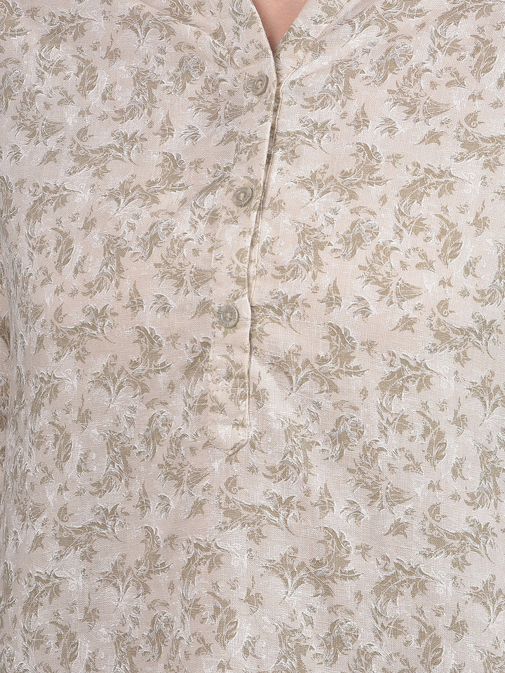 Green Floral Print Linen V-Neck Top-Women Tops-Crimsoune Club