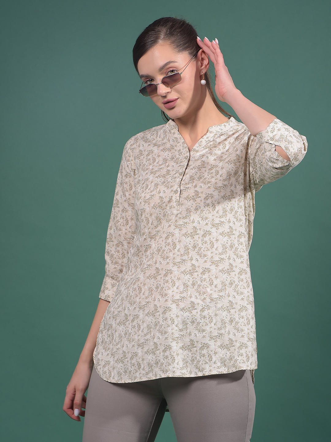 Green Floral Print Linen V-Neck Top-Women Tops-Crimsoune Club