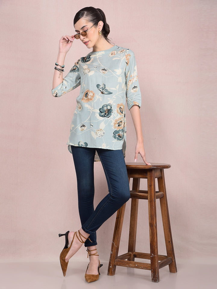 Green Floral Print Top-Women Tops-Crimsoune Club