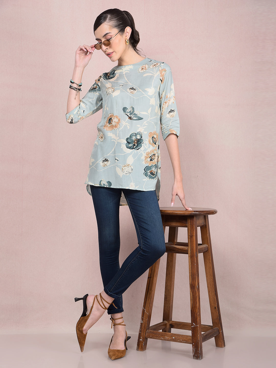 Green Floral Print Top-Women Tops-Crimsoune Club