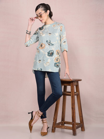 Green Floral Print Top-Women Tops-Crimsoune Club