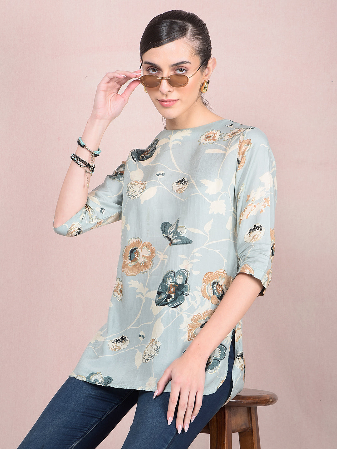Green Floral Print Top-Women Tops-Crimsoune Club