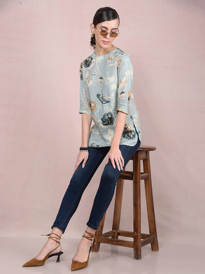 Green Floral Print Top-Women Tops-Crimsoune Club