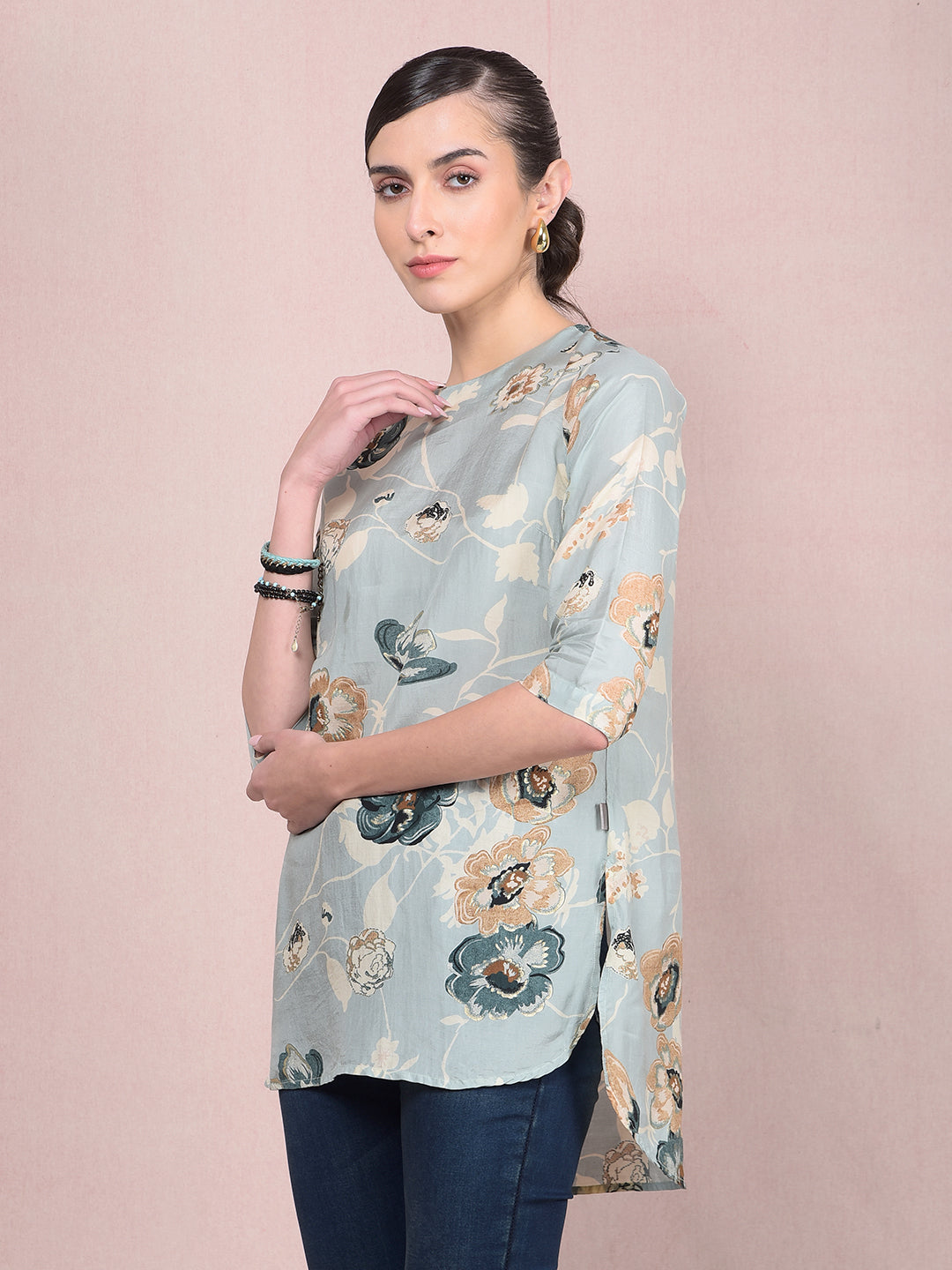 Green Floral Print Top-Women Tops-Crimsoune Club