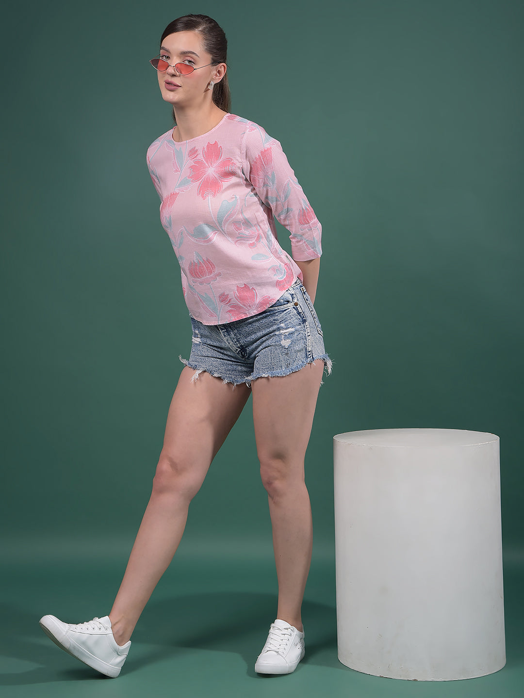 Pink Floral Print Linen Top-Women Tops-Crimsoune Club