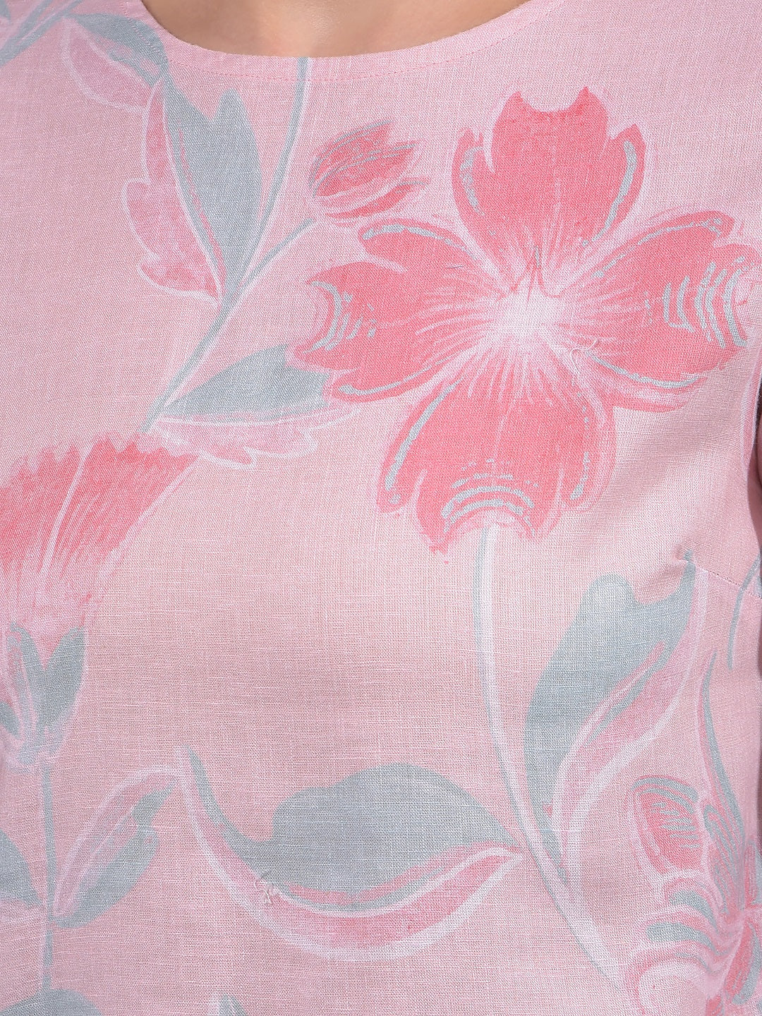 Pink Floral Print Linen Top-Women Tops-Crimsoune Club