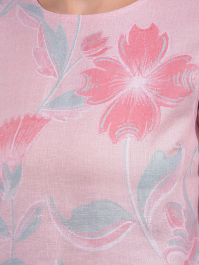 Pink Floral Print Linen Top-Women Tops-Crimsoune Club