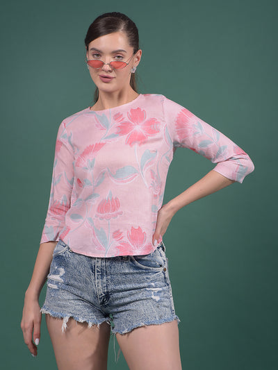 Pink Floral Print Linen Top-Women Tops-Crimsoune Club